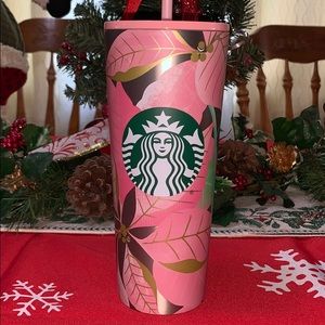 Starbucks pink and gold poinsettia tumbler
